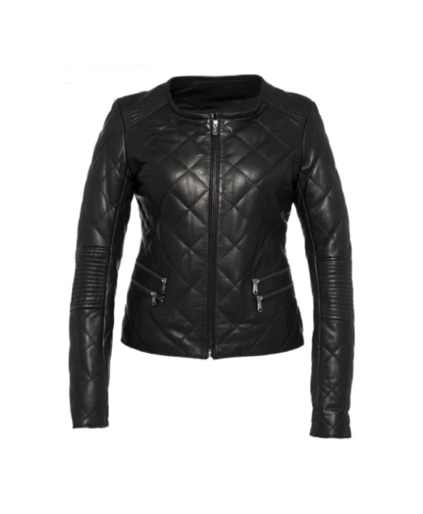 Women Stylish Diamond Pattern Black Quilted Leather Jacket