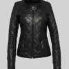 Diamond Pattern Black Quilted Leather Jacket For Womens