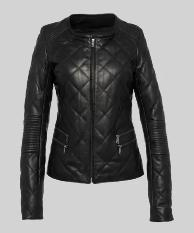 Diamond Pattern Black Quilted Leather Jacket For Womens