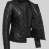 Diamond Pattern Black Quilted Leather Jacket Womens