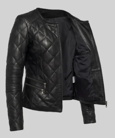 Diamond Pattern Black Quilted Leather Jacket Womens