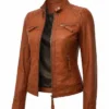 Diamond Tan Biker Leather Jacket For Womens Front View