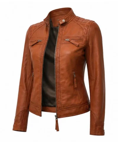 Diamond Tan Biker Leather Jacket For Womens Front View