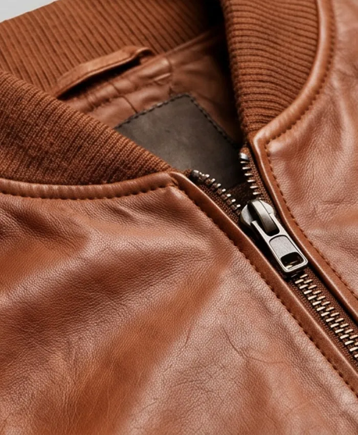 Distressed Dark Brown Bomber Jacket Men Collar and Zip
