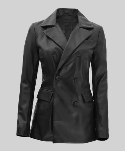 Double Breasted Black Leather Coat For Womens