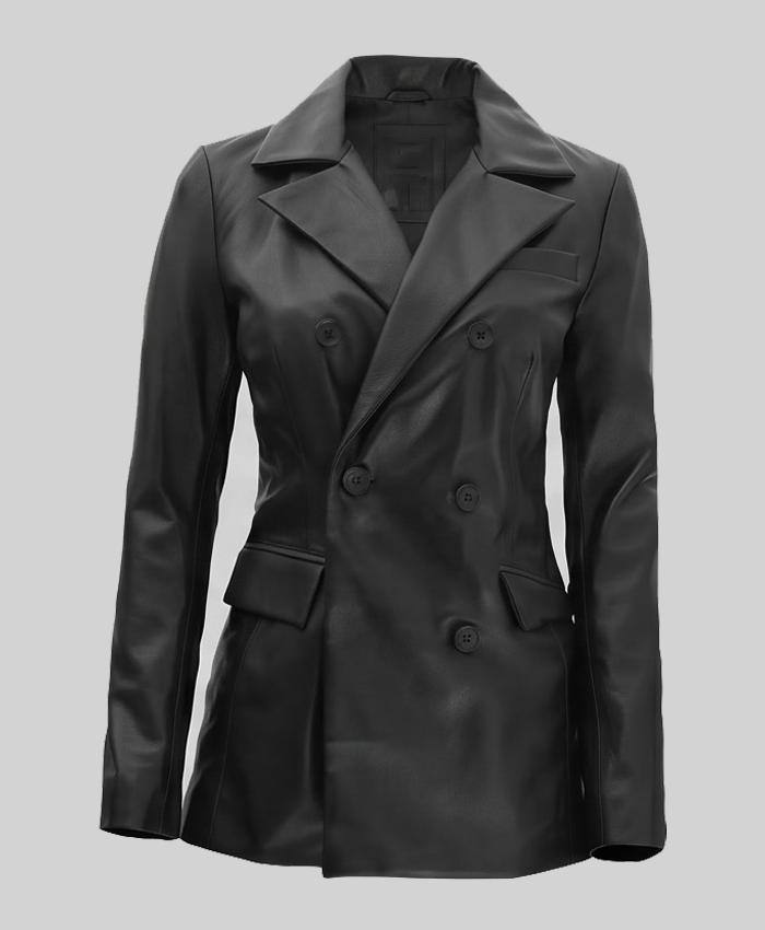 Double Breasted Black Leather Coat For Womens