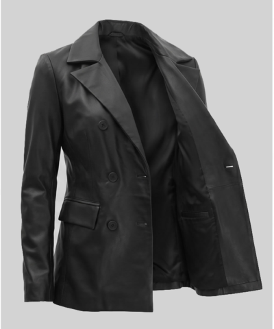 Double Breasted Leather Black Coat For Women