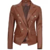 Womens Cognac Double Breasted Leather Blazer