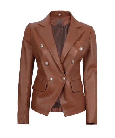Womens Cognac Double Breasted Leather Blazer