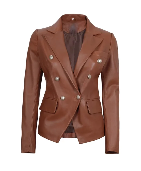 Womens Cognac Double Breasted Leather Blazer