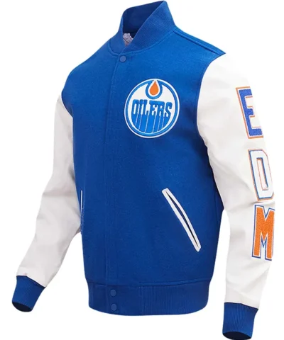 Edmonton Oilers Classic Royal and White Baseball Wool Jacket