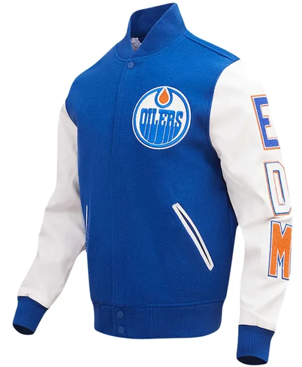 Edmonton Oilers Classic Royal and White Baseball Wool Jacket