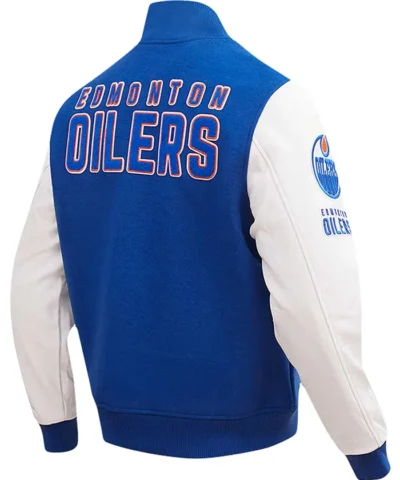 Edmonton Oilers Classic Royal and White Baseball Wool Jacket Back