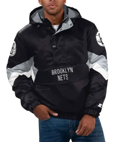 Brooklyn Nets Force Play Satin Hoodie Half-Zip Jacket