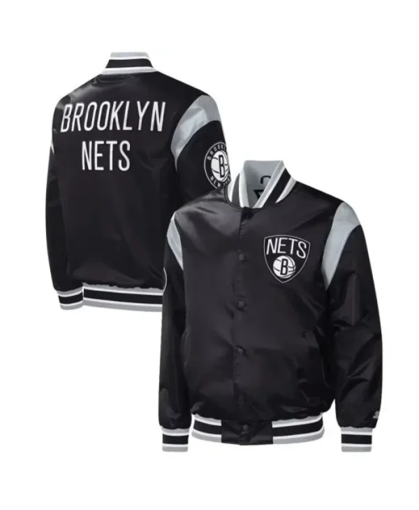 Order Force Play Brooklyn Nets Varsity Full-Snap Satin Black Jacket