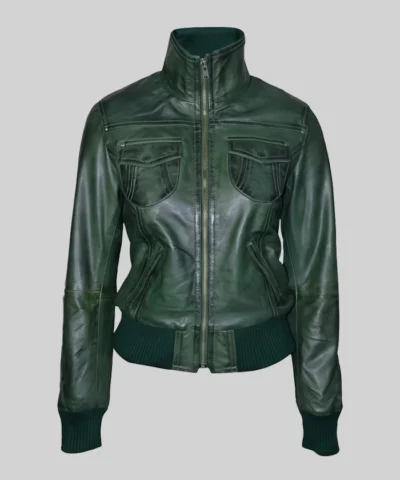 Green Bomber Leather Jacket For Womens