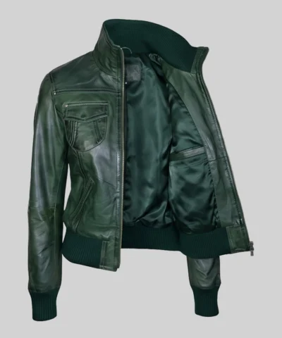 Green Bomber Leather Jacket Women