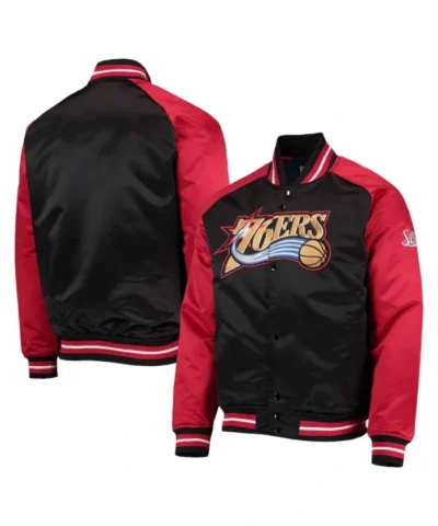 Hardwood Classics Philadelphia 76ers Black and Red Varsity Satin Jacket