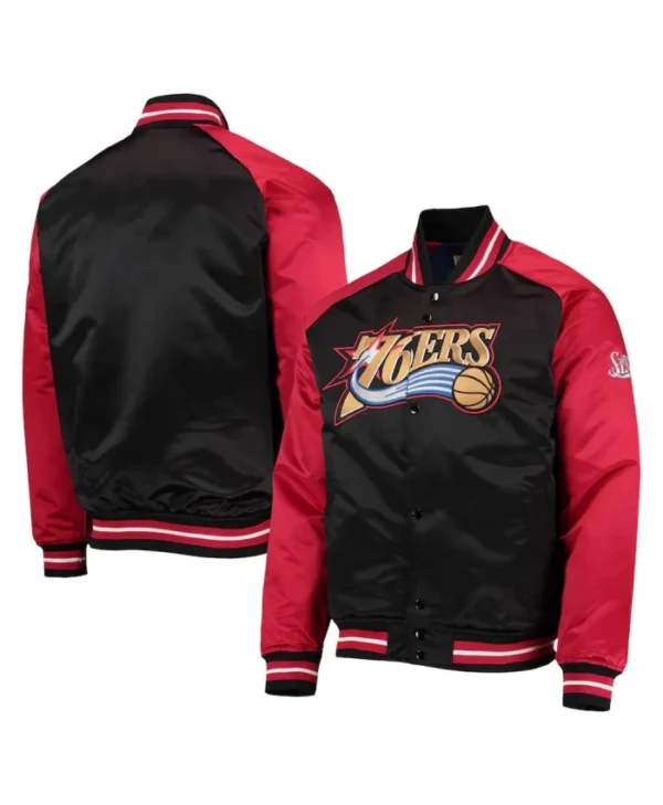 Hardwood Classics Philadelphia 76ers Black and Red Varsity Satin Jacket