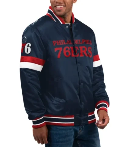 Navy Philadelphia 76ers Home Game Varsity Full-Snap Satin Jacket