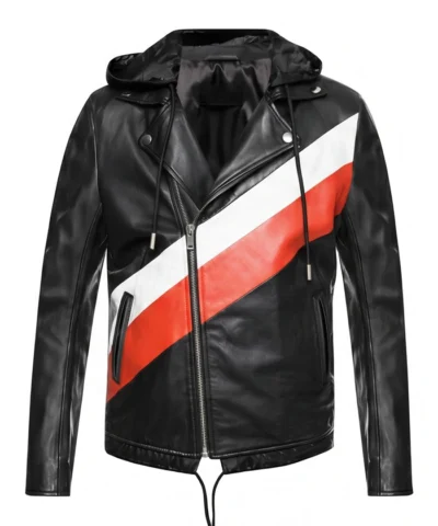 Hooded Leather Biker Jacket For Mens