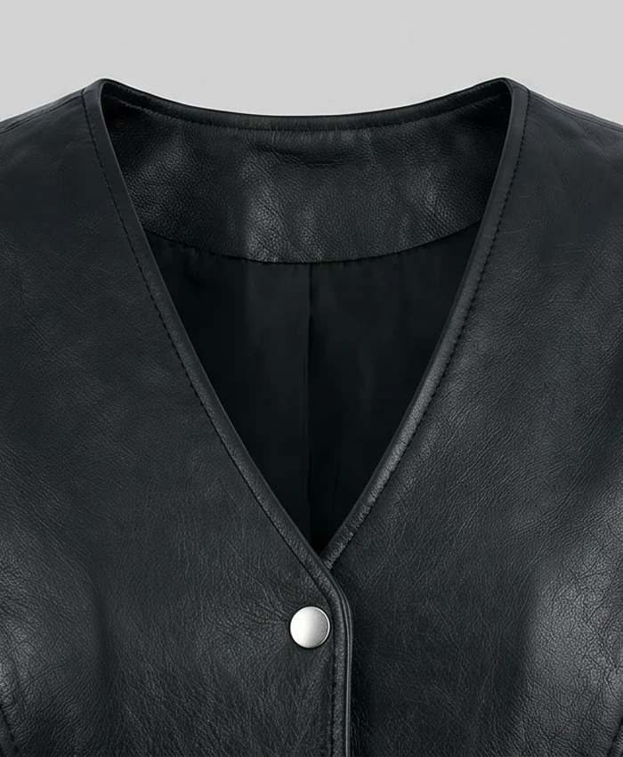 Lace Work Design Leather Black Vest For Women