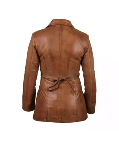 Womens Brown Long Leather Trench Jacket