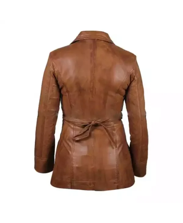 Womens Brown Long Leather Trench Jacket
