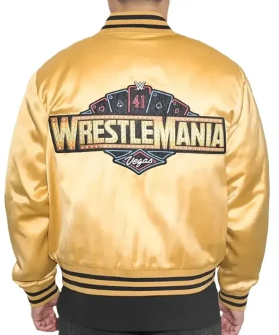 Las Vegas 2025 WWE WrestleMania 41 Gold Satin Varsity Bomber Jacket