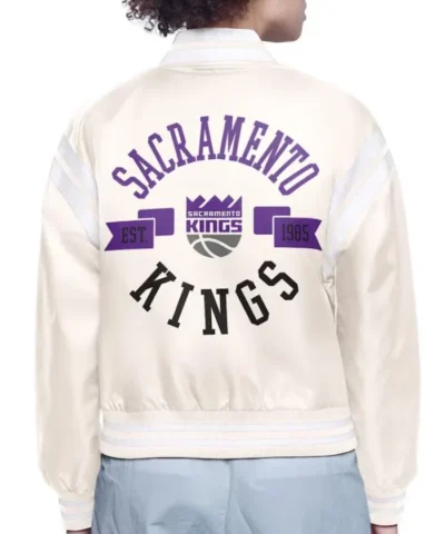 Sacramento Kings Printed Logo Varsity Cream Satin Jacket