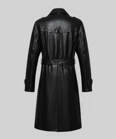 Long Leather Belted Trench Coat For Mens