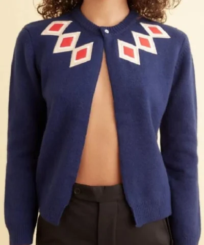 Shop Materialists 2025 Dakota Johnson Blue Argyle Cardigan