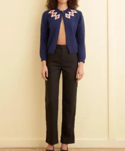 Lucy Movie Materialists 2025 Dakota Johnson Blue Argyle Cardigan