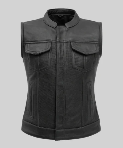 Mandarin Collar Leather Vest For Womens