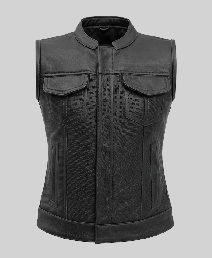 Mandarin Collar Leather Vest For Womens