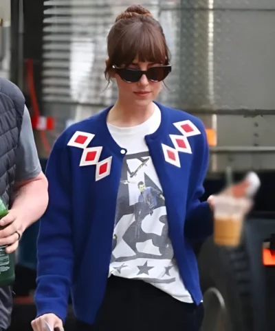 Lucy Movie Materialists 2025 Dakota Johnson Argyle Cardigan