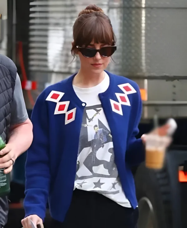Lucy Movie Materialists 2025 Dakota Johnson Argyle Cardigan