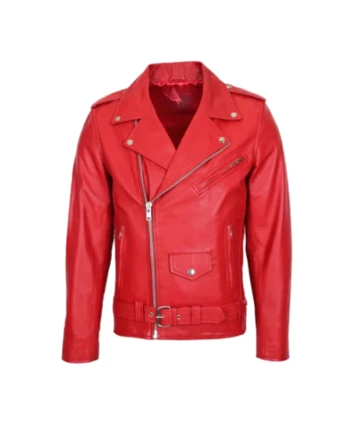 Men Brando Style Red Motorcycle Leather Jacket