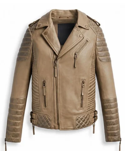 Men Desert Brown Biker Leather Jacket Front View