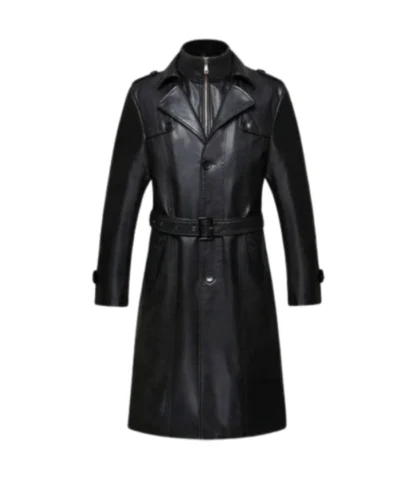 Men Long Leather Vintage Belted Trench Coat