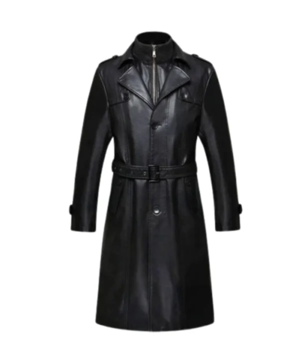 Men Long Leather Vintage Belted Trench Coat