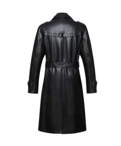Men Long Leather Belted Trench Coat
