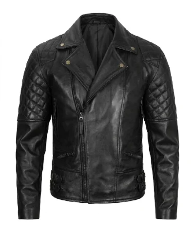 Men Quilted Asymmetrical Black Biker Leather Jacket Front View