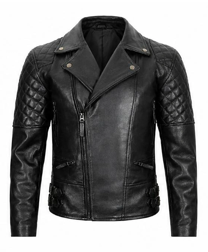 Men Quilted Asymmetrical Black Biker Leather Jacket Front View