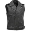 Asymmetrical Zipper Belted Style Black Leather Biker Vest For Mens