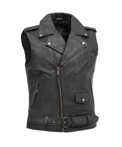 Asymmetrical Zipper Belted Style Black Leather Biker Vest For Mens
