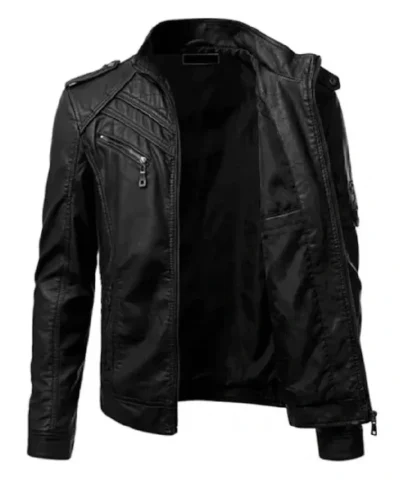 Alternative view of Mens Black Slim Fit Quilted Biker Leather Jacket