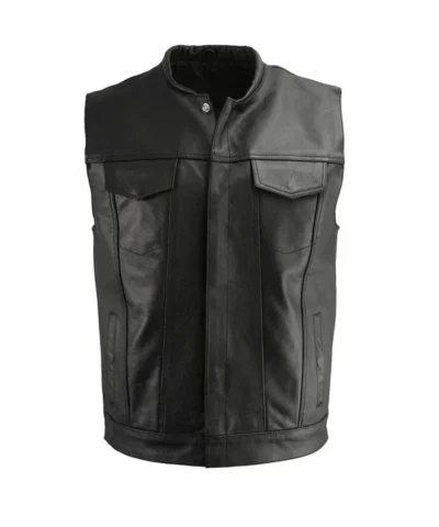 Classic Black Club Flap Pocket Biker Leather Vest