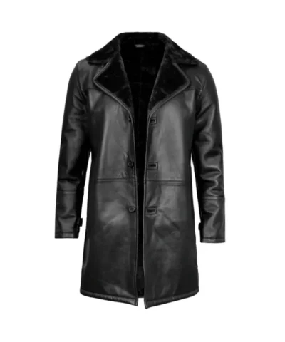 Leather Black Long Shearling Coat for Men’s