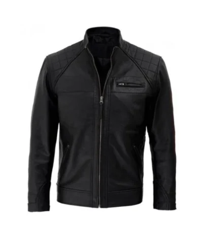 Mens Black Quilted Leather Cafe Racer Motorcycle Jacket